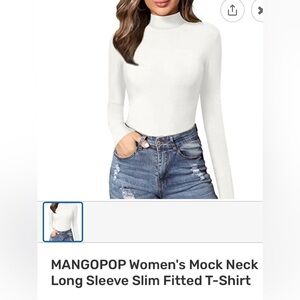 MangoPop Mock Neck Women's Slim Fitted  White Long Sleeve Top